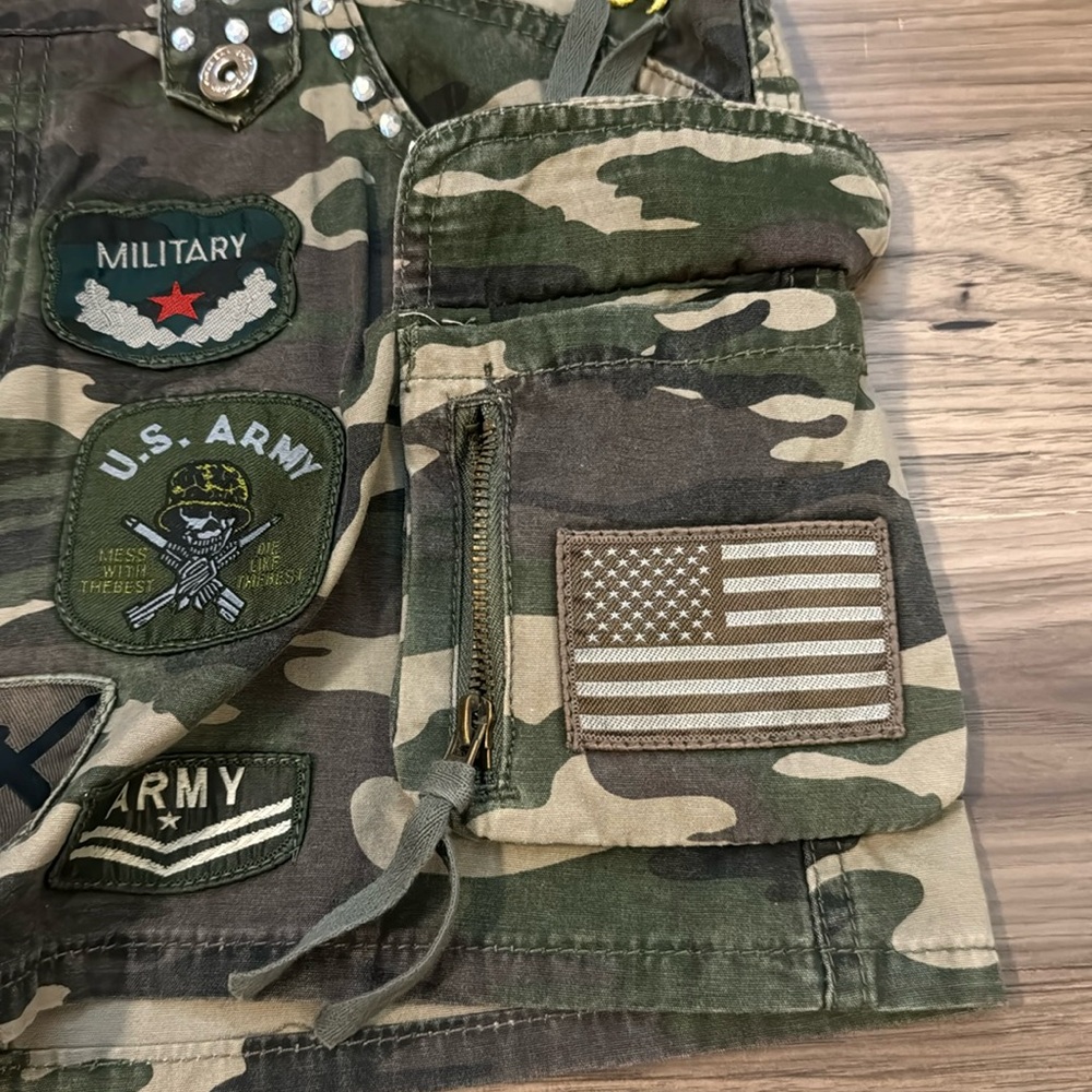Tell Premium Surplus Camo Swarovski Crystal Patches 5 Pockets Zip Mini Skirt L - Picture 11 of 15
